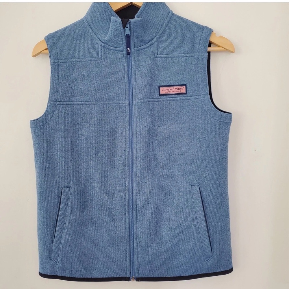 VINEYARD VINES Youth L/16 Heathered Blue Knit Vest Full Zip Fleece Lined Preppy